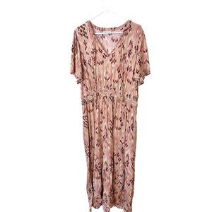 Knox Rose Womens Maxi Dress XL Pink Boho Short Sleeves Rayon Geometric Tiered